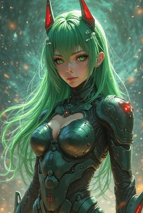 Girl with Long green hair and green eyes adorned with small white hair clips and red horn-like accessories on top. Iron suit, galaxy war background