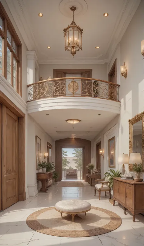 
Inside a modern mansion White, Tan, and brown house foyer with a upstairs balcony, banister with high ceiling.