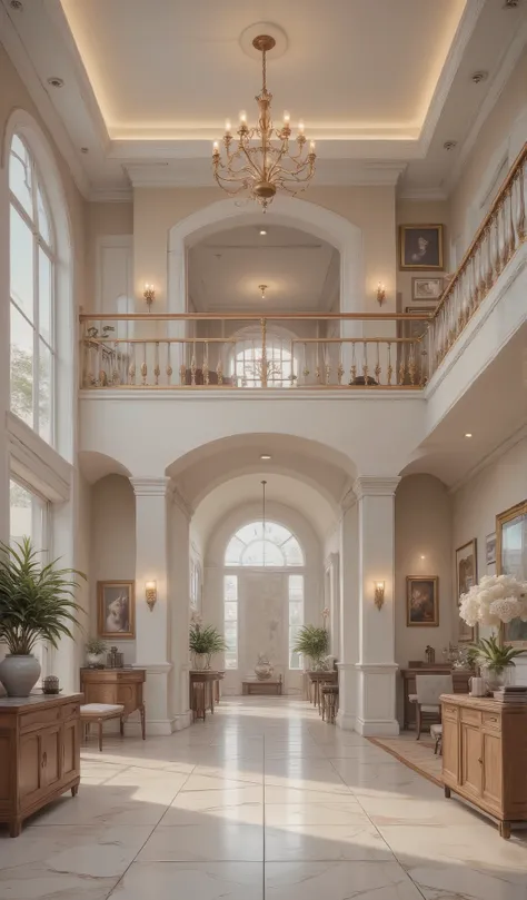 
Inside a modern mansion White, Tan, and brown house foyer with a upstairs balcony, banister with high ceiling.