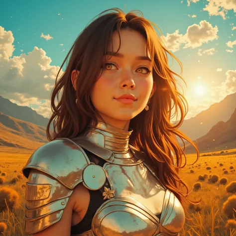A beautiful 22-year-old woman with long hair and a serious expression, her smile is shy. She wears a modest radiant white metallic armor. The background is a vast valley with a splendid midday, the sky is a brilliant blue with golden lights, creating the s...