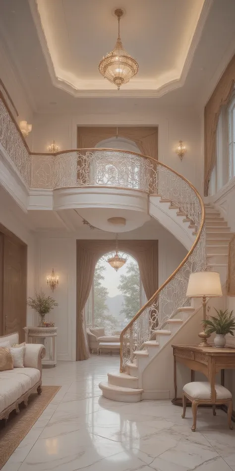 Inside a modern mansion White, Tan, and brown house foyer with a close up of a fancy curve upstairs balcony, banister with high ceiling.