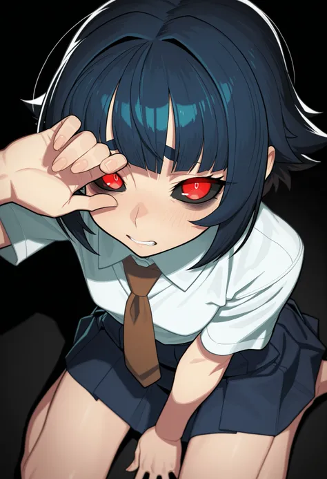hata4564, 1girl, dark blue hair, blunt bangs, choppy bangs, short hair, fluffy hair, red eyes, glowing eyes, black sclera, bags under eyes, eyelashes, thick eyebrows, small, flat chest, white collared shirt, Short sleeves, brown necktie, dark blue skirt, p...