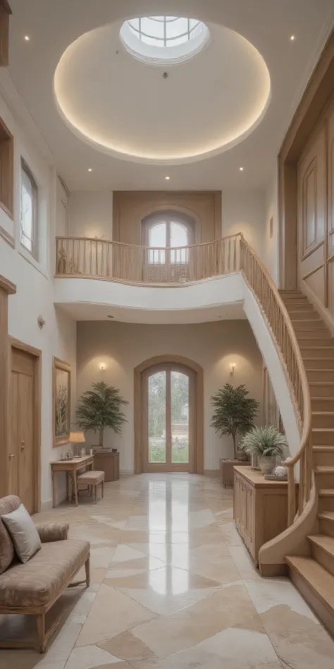 Inside a modern mansion White, Tan, and brown house foyer with a close up of a curve upstairs balcony, banister with high ceiling.