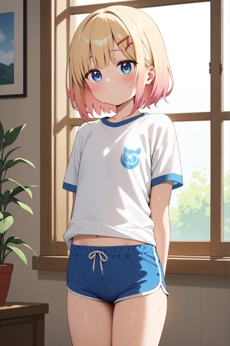 lolicon, blond hair,blue eye lenses,blushed,standing in front of a window , short white t-shirt ,short sports shorts ,sweating 