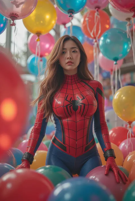 busty curvy super muscular korean female wearing spider-man latex suit surrounded by balloons