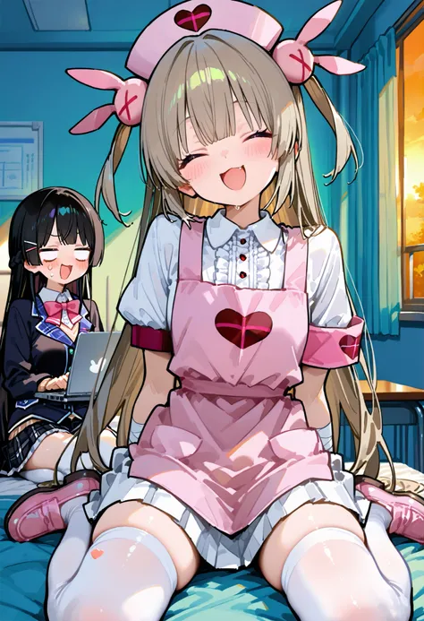 748cmstyle。2 girls。Tsukino Mito(Nijisanji)、blazer uniform、black check skirt。tables。 laugh。Sit face to face。Hospital room。Sunset。natori sana, virtual youtuber, reaction。laptop。light brown hair, long hair、two side up, nurse cap, hair ornament, pink apron, he...