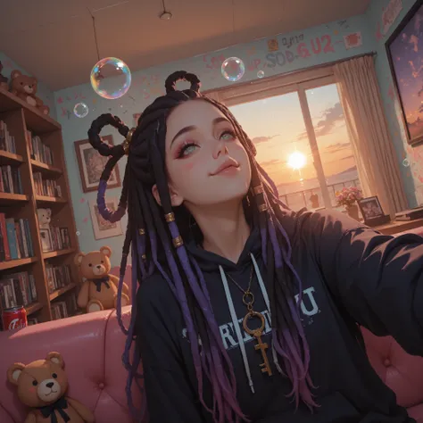 score_9 , score_8_up , score_7_up , score_6_up ,1girl,bishoujo,tall, hud_dr3adlocks, fair_skin,very long hair, gradient hair black hair,purple hair,((dreadlocks hairstyle)), cut,thick eyebrows,eye_relfection,flower-shaped pupils,pink eyeshadow,green eyes,b...