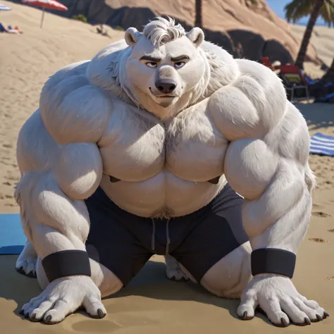 huge bulked up muscular polar bear in Californian beach, big grunting noise, big bulked up flexing body, polar bear, huge white fur, thick arm, huge arm, added gray mustache, added gray beard, short white hair, weight: 310lbs, (veiny bulked up muscular, pe...