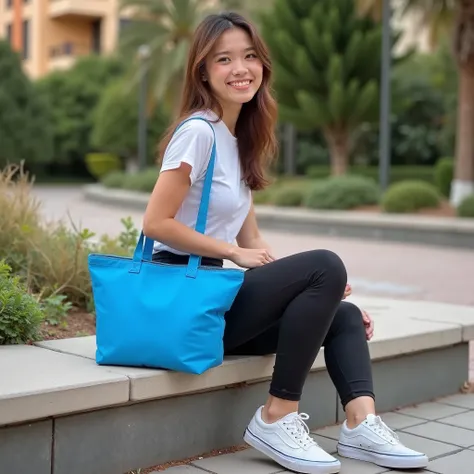 a young woman sitting on a low bench, wearing t-shirt, Vans leggings and sneakers, holding a blue thermo bag, Simple bag, flat and straight bag, sacola azul, medium thermal bag, nylon thermal bag, medium thermo bag, Simple bag, Realistic photo,  advertisin...