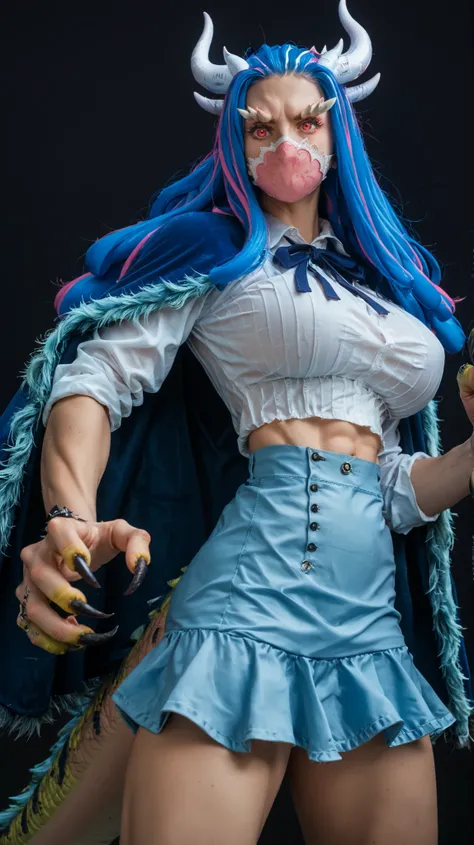 ult1, hybrid form, a girl, blue skirt, claws, blue cape, white shirt, tail, black background, claws, monster girl, plain background, large breasts, high-waisted skirt, face mask, animal paws, tucked shirt, white horns, blue hair, pink locks.