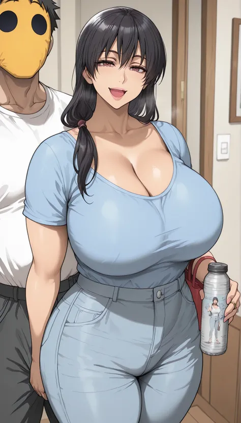masterpiece,top quality,amazing quality,Kaori sakaki,1 girl,mature woman,breast,cleavage,solo,pants,shirt,standing,long hair,open mouth,curvy,smiling,thighs,collarbone,looking at viewer,big breasts,thick thighs,short sleeves,black hair,indoors,cowboy photo...