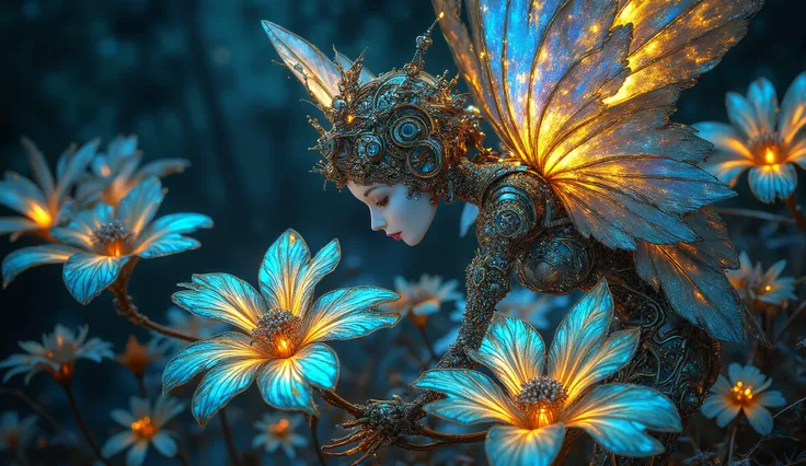imagine a mechanical angel tending to a garden of bioluminescent flowers, each petal crafted from stained glass and glowing with an inner light. The angel's wings shimmer with iridescent light and intricate mechanical details. The background features a ble...