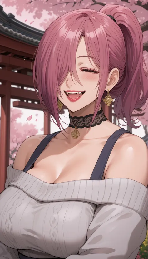 masterpiece,top quality,amazing quality,Kiki ((tenpuru)),1girl,choker,condom earrings,jewelry,pink hair,ponytail,hair covering one eye,closed eye,bare shoulders,white jacket,open mouth,fangs,Street Garden background,smile,lipstick,collarbone,one eye covere...