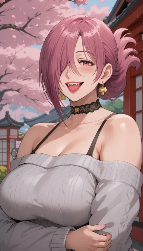 masterpiece,top quality,amazing quality,Kiki ((tenpuru)),1girl,choker,condom earrings,jewelry,pink hair,ponytail,hair covering one eye,closed eye,bare shoulders,white jacket,open mouth,fangs,Street Garden background,smile,lipstick,collarbone,one eye covere...
