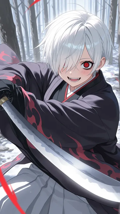 samurai ,
High quality ,  best quality , masterpiece,  High Resolution , anatomically correct,anime Coloring
1girl,solo, Cool woman, handsome woman, beauty in men's clothing
white hair,very short hair, handsome hair,spiked hair,,red eyes, hair over one eye...