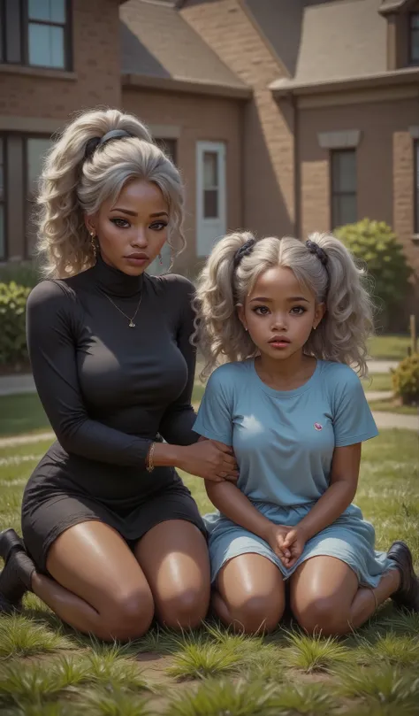 A mother and young daughter are on there knees in the grass in front of there home crying very sad, holding each other together outdoors. One person has dark brown skin and is wearing a fitted black dress, bracelets, and earrings, and their hair is styled ...