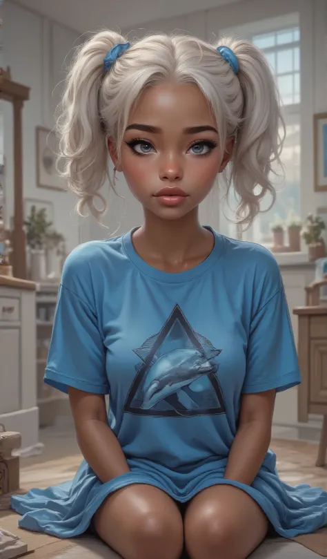 Pretty tanned brown skinned  upstairs on the floor on her knees, looking between the balcony, banister, stairway, sad she has two white silver pigtails she have small, plump lips, small button nose, cute slanted, eyes with long lashes eye color is silver g...