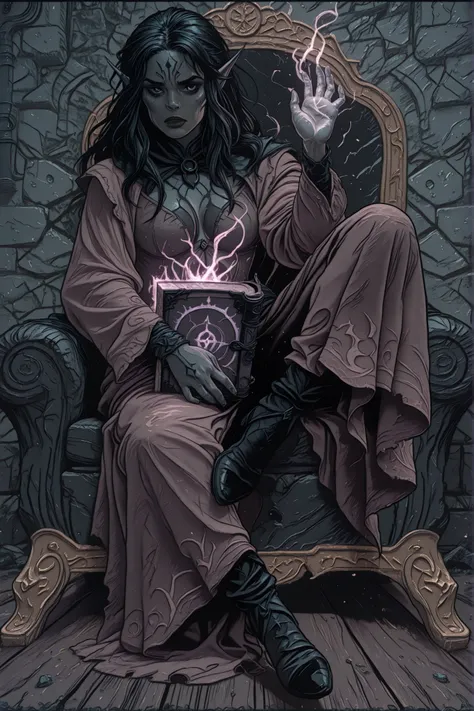 drow elf characteristics, defined by Afrocentric features, grey skin, piercing black eyes with a hint of magic, pointed ears, commoner industrial inspired attire, mysterious aura, holding a grimoire, digital painting, dramatic lighting casting enchanting s...