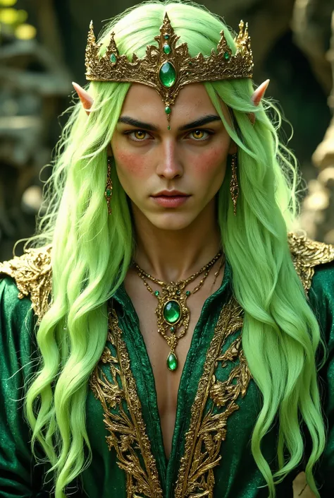  Elf's Long Earsの絶世美男子は緑金色mullet髪((beautiful green blonde hair with long mullet hair))Elf's Long Ears((very, very large, hanging golden eyes))is a man who is very thin and skinny((A 30-year-old man with smooth chin and beautiful skin１people))Precise hands ...