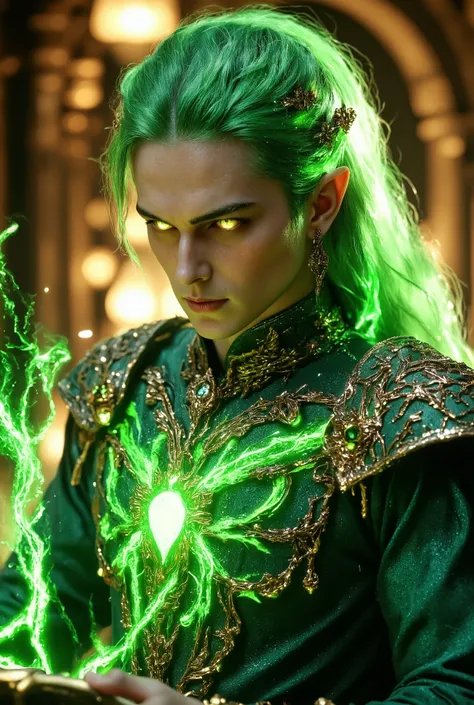  Elf's Long Earsの絶世美男子は発光緑mullet髪((Beautiful luminous green hair with long mullet hair))and smooth, silky skin with a very thin jaw and clean thin cheeks((very very large hanging glowing golden eyes))is a man who is very thin and skinny((White-skinned 50-y...
