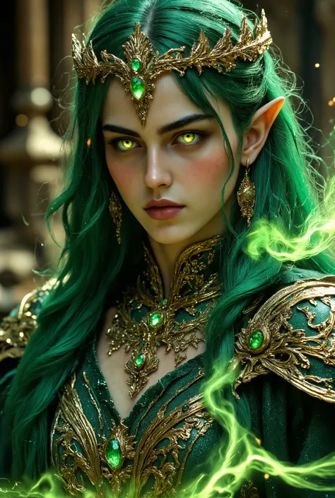  Elf's Long Earsの絶世美男子は発光緑mullet髪((Beautiful luminous green hair with long mullet hair))A man with smooth, silky skin with a very thin, smooth chin and clean thin cheeks((very, very large, hanging glowing golden eyes))is a man who is very thin and skinny((...