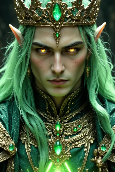 Very thin, crunchy male elf king((Beautiful luminous green hair with long mullet hair))A beautiful man with a very thin, smooth chin and clean, thin cheeks((very very large hanging glowing golden eyes))Elf's Long Earsの絶世美男子は発光緑mullet髪((A 50-year-old man w...