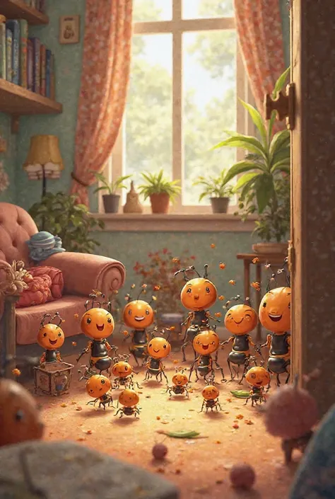An image depicting numerous ants appearing joyful and content within a house.