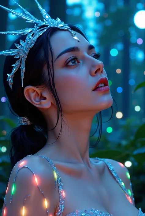 portrait | wide angle of the eyes to one side of the frame, lucid dream - naked woman , Looking into the distance :: 8 styles | daydreampunk with shining skin and eyes, stylized in headdress , beautiful, she's dripping neon lights , very colorful ...