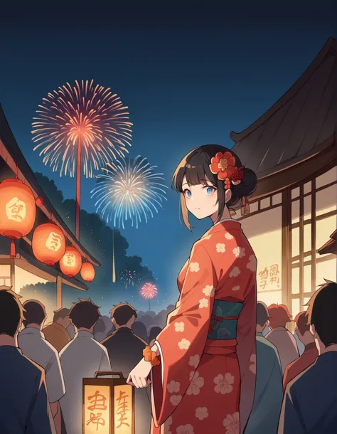score_9, score_8_up, score_7_up, sauce_anime, It's because of Rikkata, black hair, blue eyes, Orange scrunch, Wrist Scrunches , side lock,single bun hair,Nape,flower hair ornament, red flower pattern kimono,is standing,Light up fireworks,Red Lantern,Japane...