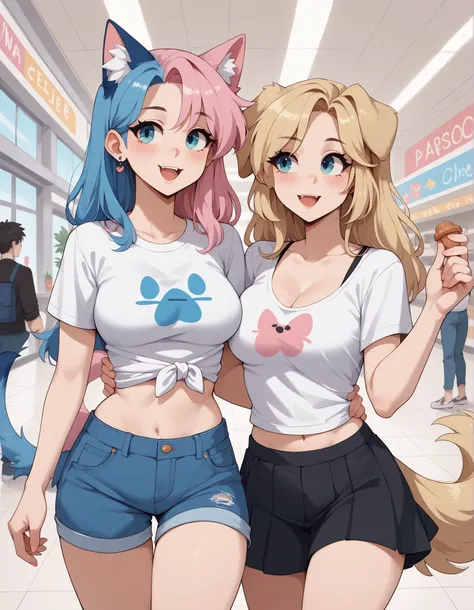 Recolour ALL of the hair in the highlighted section and the cat ear into a pale blue. Blue hair. Pale blue hair. Pale blue cat ear. Long blue hair. Redraw the highlighted section with blue hair. Long blue hair. Blue tail.
