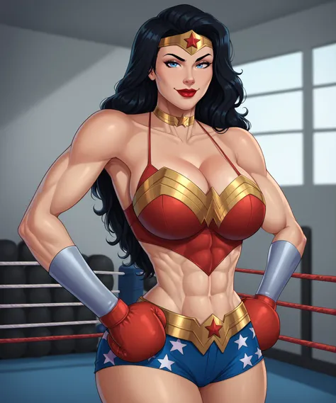 safe_pos,  2d, 1girl, solo, wide hips, DC Comics, 1girl, solo, DC Comics, Wonder Woman, Diana Prince, Blue Eyes, red lips, lipstick, Black Hair, Long Hair, gold tiara, gold choker, blue workout shorts, red boxing gloves, red bikini top,  large breasts, cle...