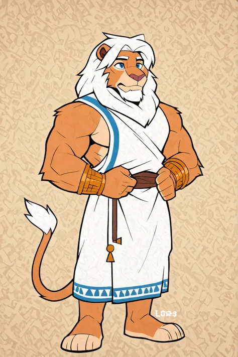 lion, furry, male focus, muscular, white long hair, white beard, blue eyes, white tunic, Greek style, similar to Zeus, full body