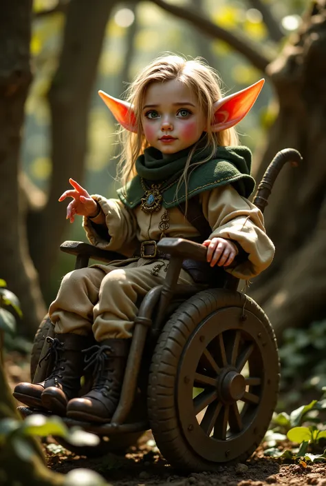elf in a wheelchair with a crossed eye, malformation in one hand and sitting in the wheelchair with a crossed eye, blond elf with green eyes and noble clothes from the Middle Ages, wheelchair made of wood