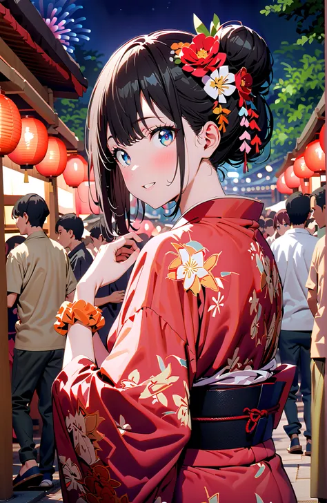 It's because of Rikkata, black hair, blue eyes, Orange scrunch, Wrist Scrunches , smile,blush,close your mouth,side lock,single bun hair,Nape,flower hair ornament, red flower pattern kimono,is standing,Light up fireworks,Red Lantern,Japanese stalls ,night,...