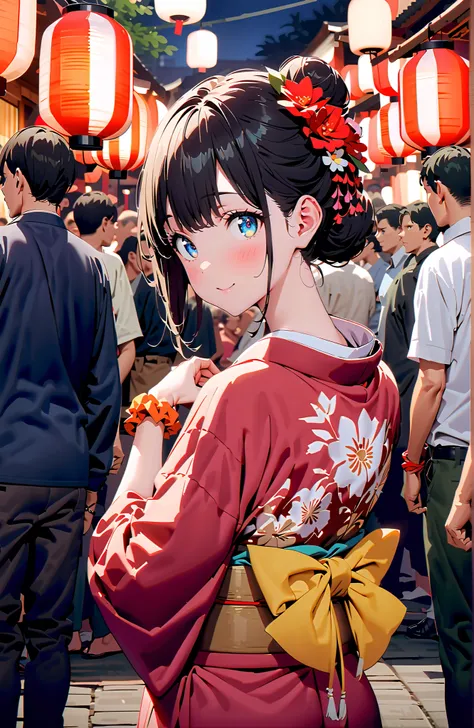 It's because of Rikkata, black hair, blue eyes, Orange scrunch, Wrist Scrunches , smile,blush,close your mouth,side lock,single bun hair,Nape,flower hair ornament, red flower pattern kimono,is standing,Light up fireworks,Red Lantern,Japanese stalls ,night,...