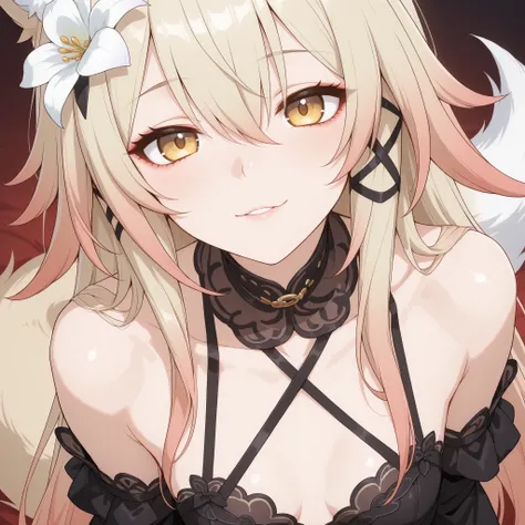 Fox girl, pale blonde hair, Renard, Fox tail, collar, Beautiful, Long Hair, rosy gradient on hair, cat eyeliner, Golden Eyes, small breasts, garter, black lace dress, cheeky, hair ribbon, white lily on hair, alluring, close up face focus, teasing, playful,...