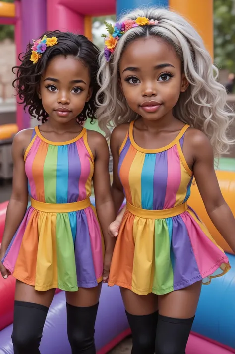 Two young  best friend are posing in colorful fantasy-themed birthday outfits. They are both wearing matching rainbow-striped dresses paired with black leggings. One person a little shorter in height and is dark brown skin tone and has short, dark curly ha...
