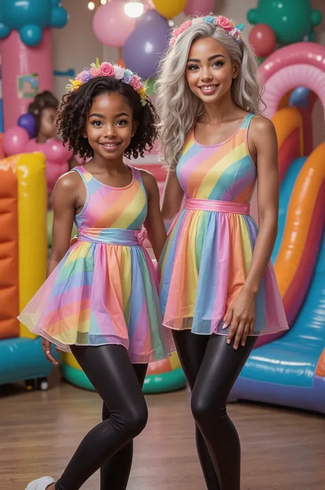 Two young  best friend are posing in colorful fantasy-themed birthday outfits. They are both wearing matching rainbow-striped dresses paired with black leggings. One person a little shorter in height and is dark brown skin tone and has short, dark curly ha...