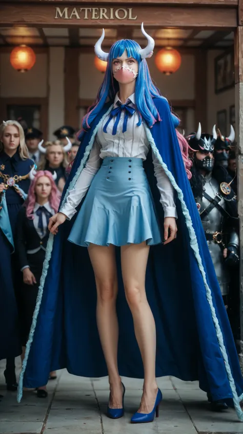 ult1, masterpiece, best quality, absurdres, UltiOP, mask, long hair, collared shirt, neck ribbon, blue skirt, blue cape, red high heels, standing, full body, white horns, blue hair, pink locks