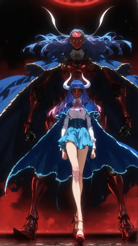 ult1, masterpiece, best quality, absurdres, UltiOP, mask, long hair, collared shirt, neck ribbon, blue skirt, blue cape, red high heels, standing, full body, white horns, blue hair, pink locks