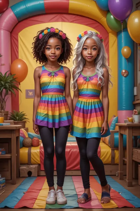 Two young best friend are posing in colorful fantasy-themed birthday outfits. They are both wearing matching rainbow-striped dresses paired with black leggings. One person a little shorter in height and is dark brown skin tone and has short, dark curly hai...