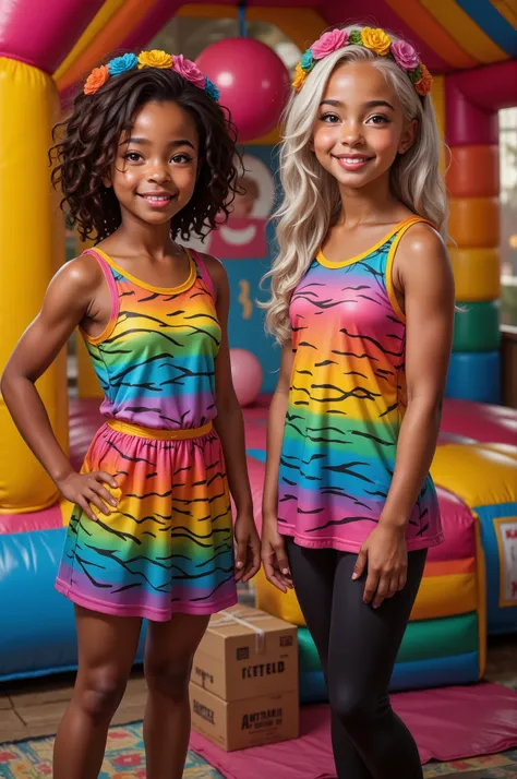 Two young best friend are posing in colorful fantasy-themed birthday outfits. They are both wearing matching zebra print rainbow-striped dresses paired with black leggings. One person a little shorter in height and she is dark chocolate brown skin tone and...