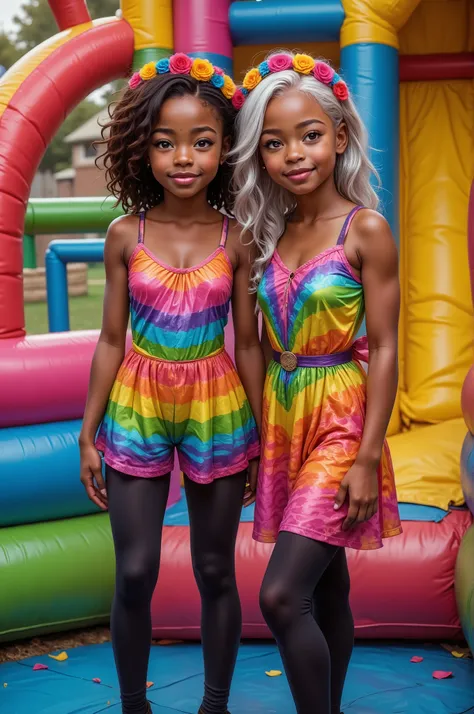 Two young best friend are posing in colorful fantasy-themed birthday outfits. They are both wearing matching zebra print rainbow-striped dresses paired with black leggings. One person a little shorter in height and she is dark chocolate brown skin tone and...