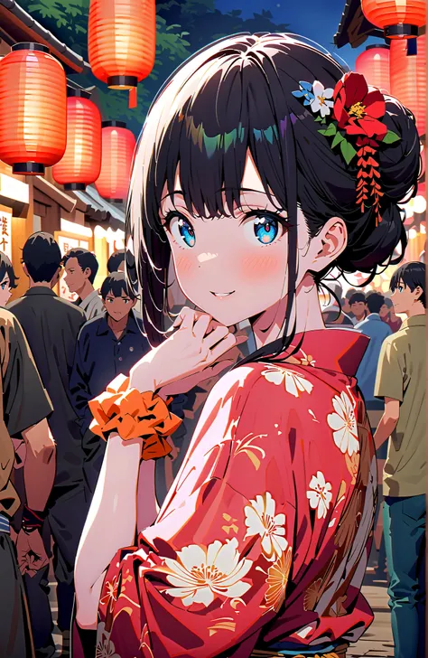 It's because of Rikkata, black hair, blue eyes, Orange scrunch, Wrist Scrunches , smile,blush,close your mouth,side lock,single bun hair,Nape,flower hair ornament, red flower pattern kimono,is standing,Light up fireworks,Red Lantern,Japanese stalls ,night,...