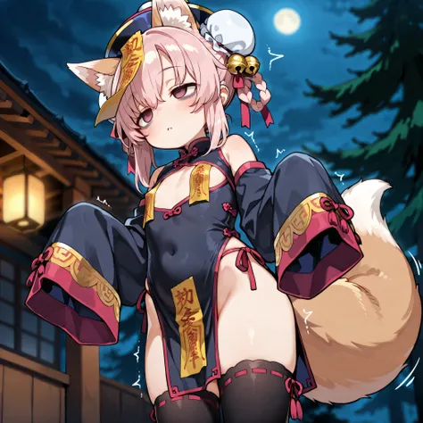 1girl, solo, solo female, (cute, young, little, tiny, immaturity:1.5), color skin, (expressionless:1.2), Come hither, parted lips, short body, fox ears, (half-closed eyes, bags under eyes:1.2), empty eyes, single hair bun, bun cover, hair bell, kanzashi, j...