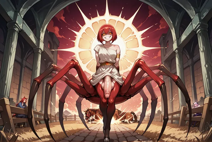 score_9, score_8_up, score_7_up, score_6_up, score_5_up, score_4_up, masterpiece, high quality, full body, tall futanari, bimbo woman,  arachne, monster_girl, spider legs, spider_eyes, spider_body, monster girl, spider girl, massive breats, short hair, red...
