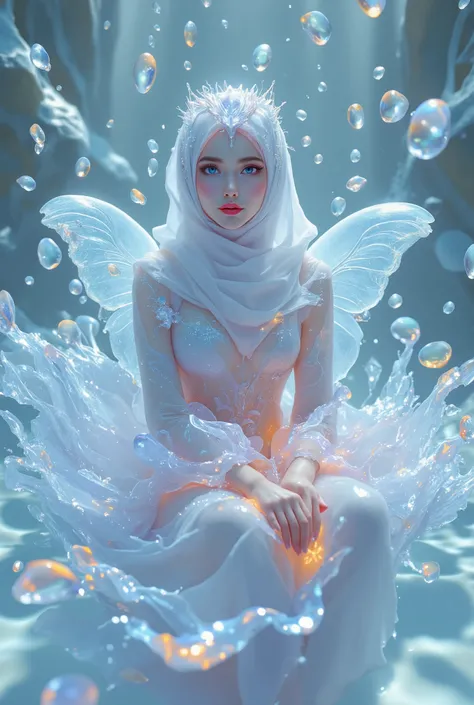 "A surreal masterpiece of a very beautiful and ethereal Muslim water nymph in a hijab with large, wide, shimmering, thin butterfly wings spread wide, and delicate facial features detailed make-up and a flowing bright silver hijab that seems to merge with t...