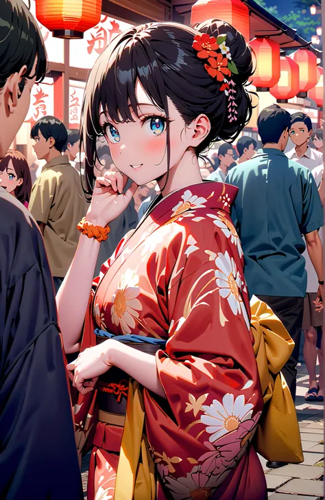 It's because of Rikkata, black hair, blue eyes, Orange scrunch, Wrist Scrunches , smile,blush,close your mouth,side lock,single bun hair,Nape,flower hair ornament, red flower pattern kimono,is standing,Light up fireworks,Red Lantern,Japanese stalls ,night,...