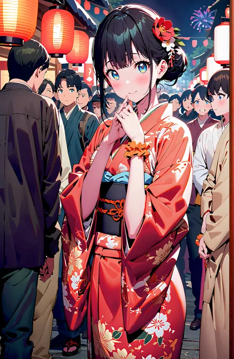 It's because of Rikkata, black hair, blue eyes, Orange scrunch, Wrist Scrunches , smile,blush,close your mouth,side lock,single bun hair,Nape,flower hair ornament, red flower pattern kimono,is standing,Light up fireworks,Red Lantern,Japanese stalls ,night,...