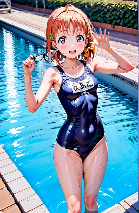 Takami Chika, solo,short hair, Hair Ornament, Red Eyes, knitting glasses, stupid hair,orange hair, smile,blush,open your mouth,side knitting glasses,old school swimsuit, school swimsuit, blue one-piece swimsuit, one-piece swimsuit, name tag, swimsuit, Bell...